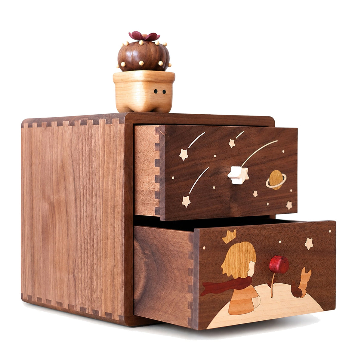 Sora solid wood desk organizer with three sliding drawers, shown on a desk with the lower drawers open