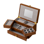 GZJSLOVE Walnut Veneer Jewelry Box with Mirror and Drawer - open compartments on white