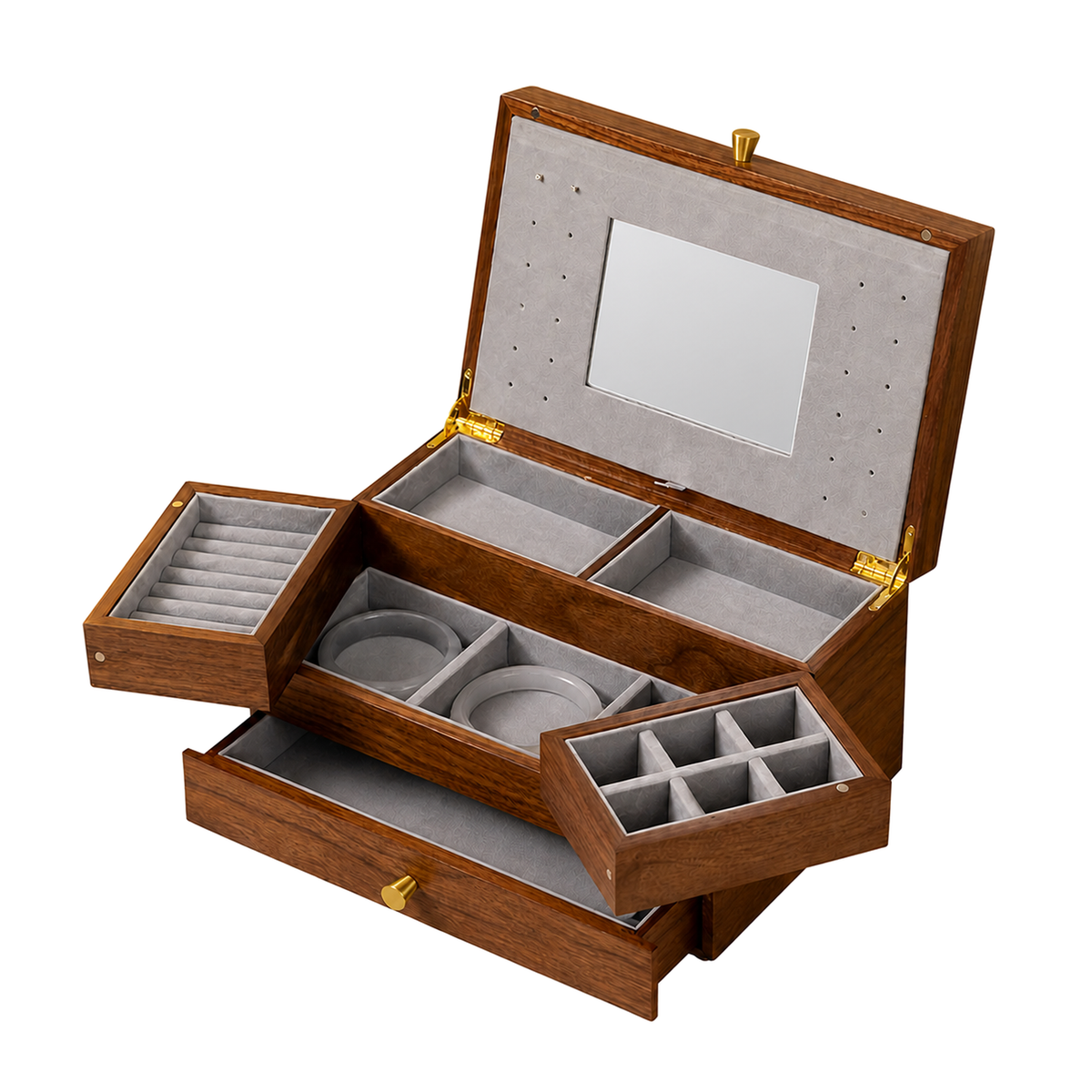 GZJSLOVE Walnut Veneer Jewelry Box with Mirror and Drawer - open compartments on white