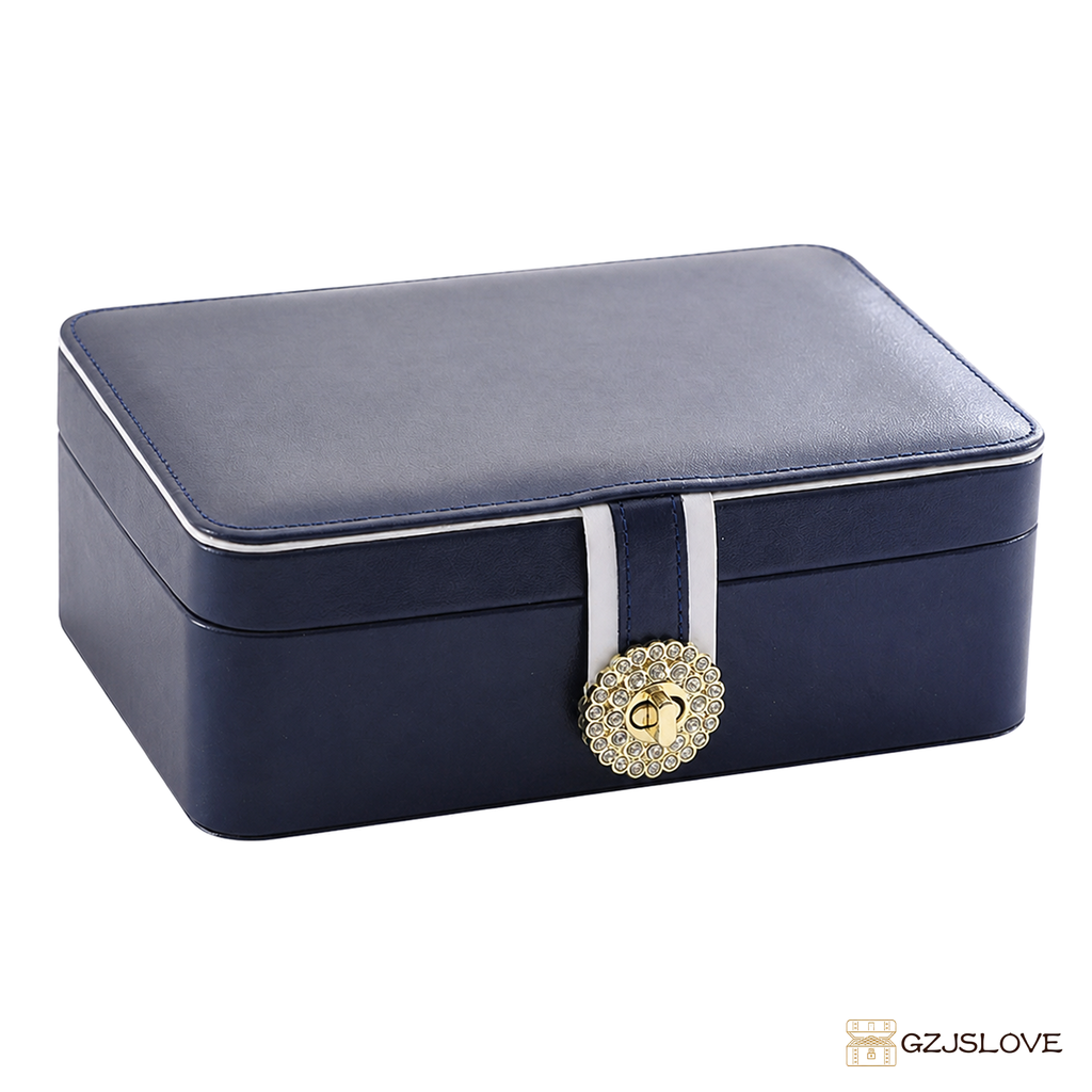 GZJSLOVE Two-Layer PU Leather Jewelry Box - blue closed view on white