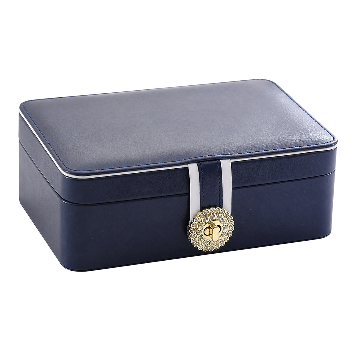GZJSLOVE Two-Layer PU Leather Jewelry Box - blue closed view on white