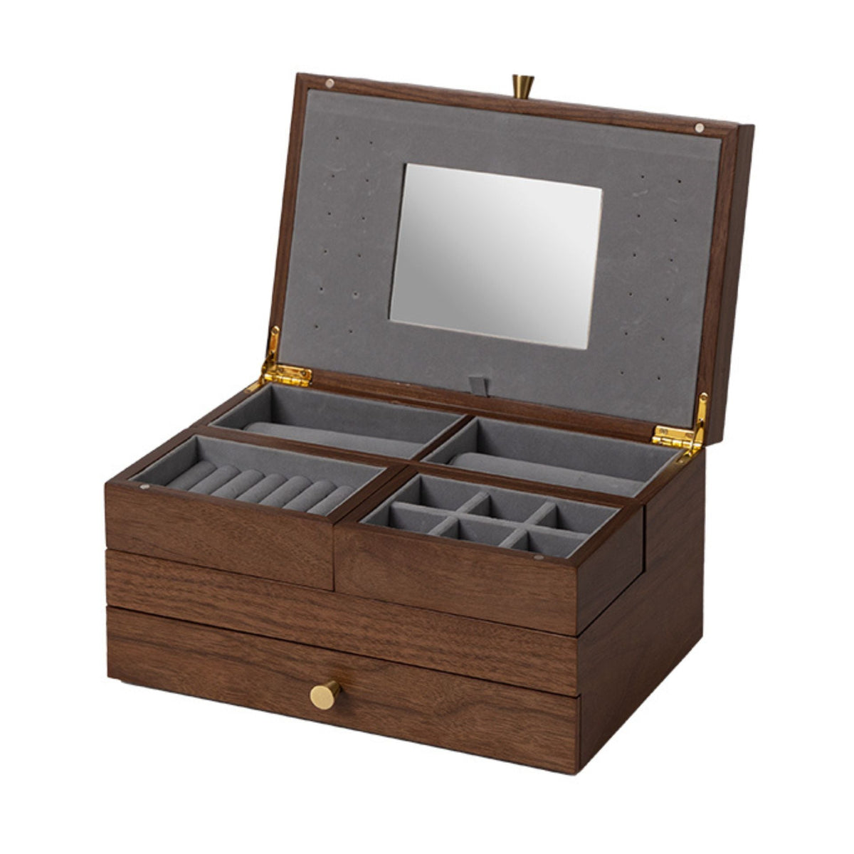GZJSLOVE Walnut Veneer Jewelry Box with Mirror and Drawer - open main compartment