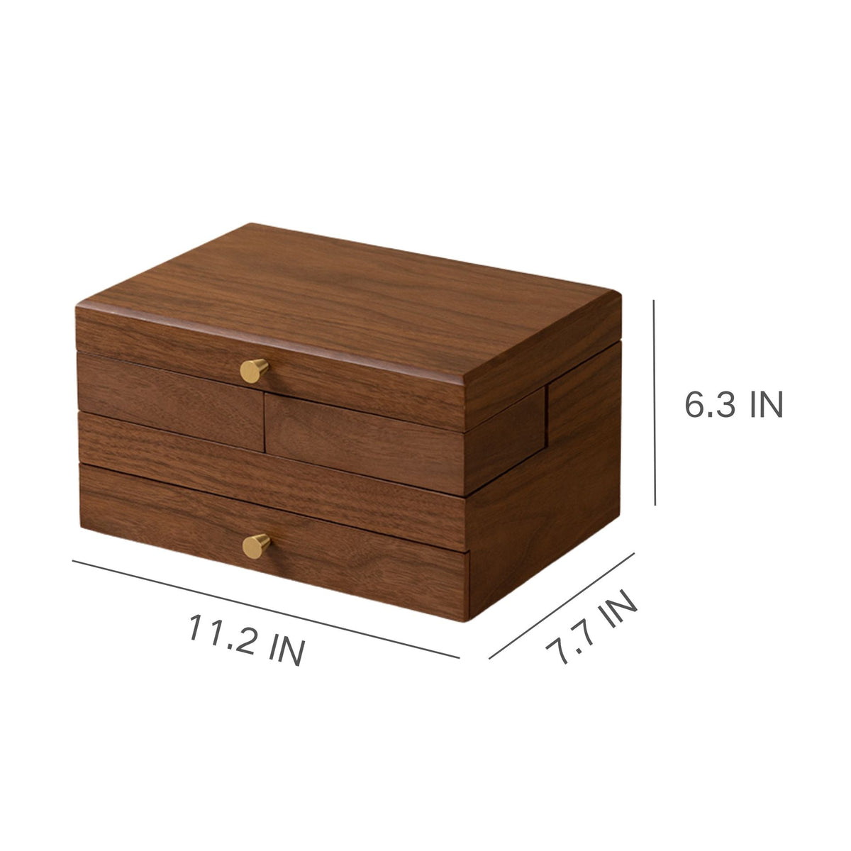 GZJSLOVE Walnut Veneer Jewelry Box with Mirror and Drawer - closed dimensions view