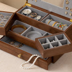 GZJSLOVE Walnut Veneer Jewelry Box with Mirror and Drawer - open compartments with jewelry