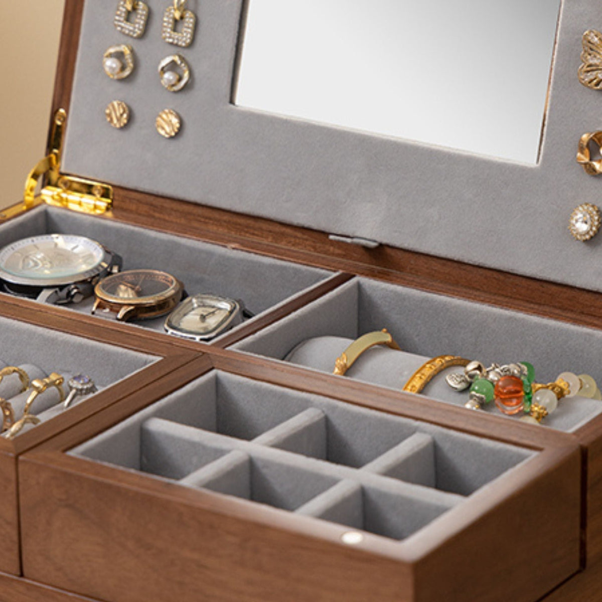 GZJSLOVE Walnut Veneer Jewelry Box with Mirror and Drawer - velvet divider detail