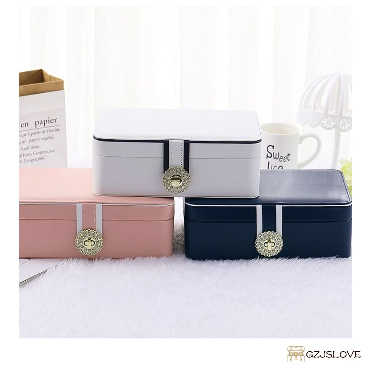GZJSLOVE Two-Layer PU Leather Jewelry Box - blue, pink, and white options