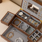 GZJSLOVE Walnut Veneer Jewelry Box with Mirror and Drawer - fully open storage layout