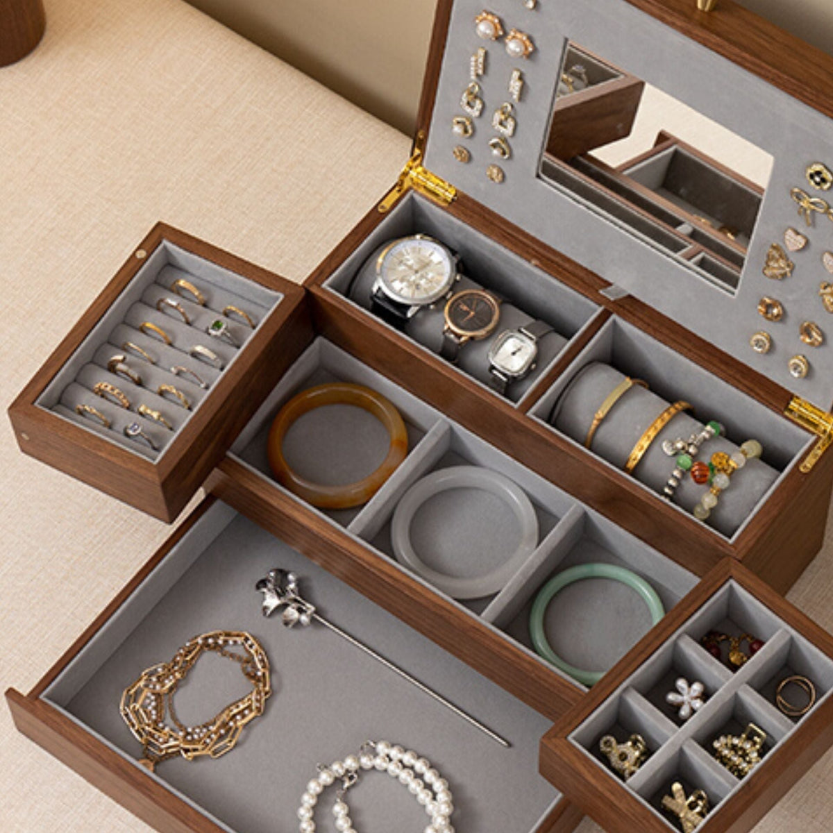 GZJSLOVE Walnut Veneer Jewelry Box with Mirror and Drawer - fully open storage layout