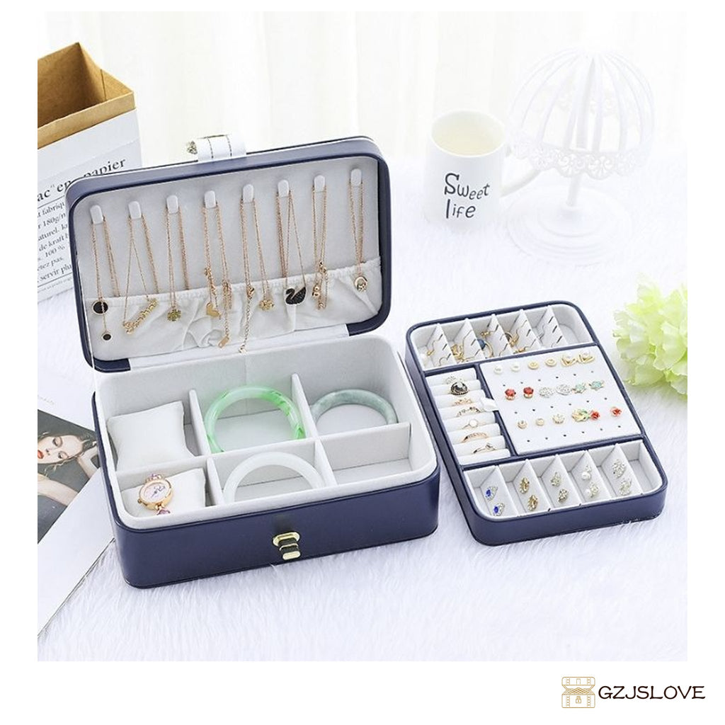 GZJSLOVE Two-Layer PU Leather Jewelry Box - blue open interior
