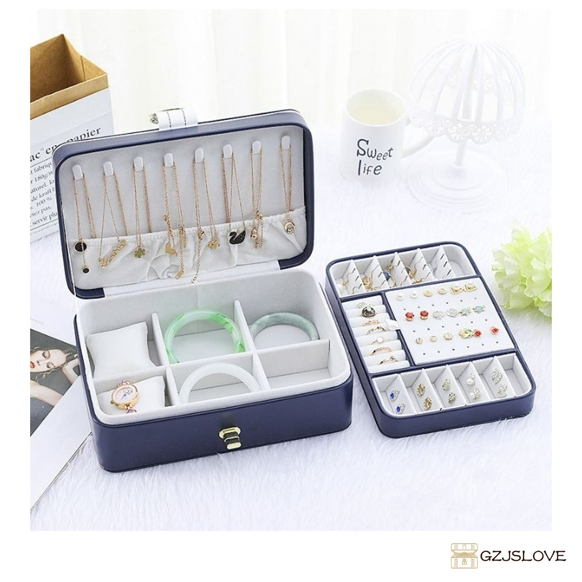 GZJSLOVE Two-Layer PU Leather Jewelry Box - blue open interior