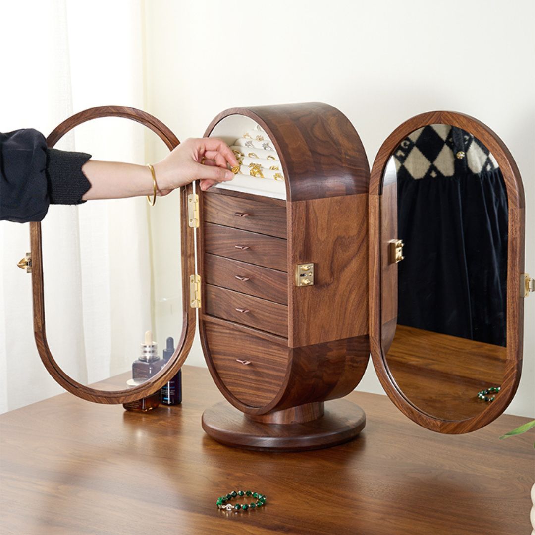 GZJSLOVE Rotating Five-Drawer Walnut Jewelry Cabinet - detail view 7