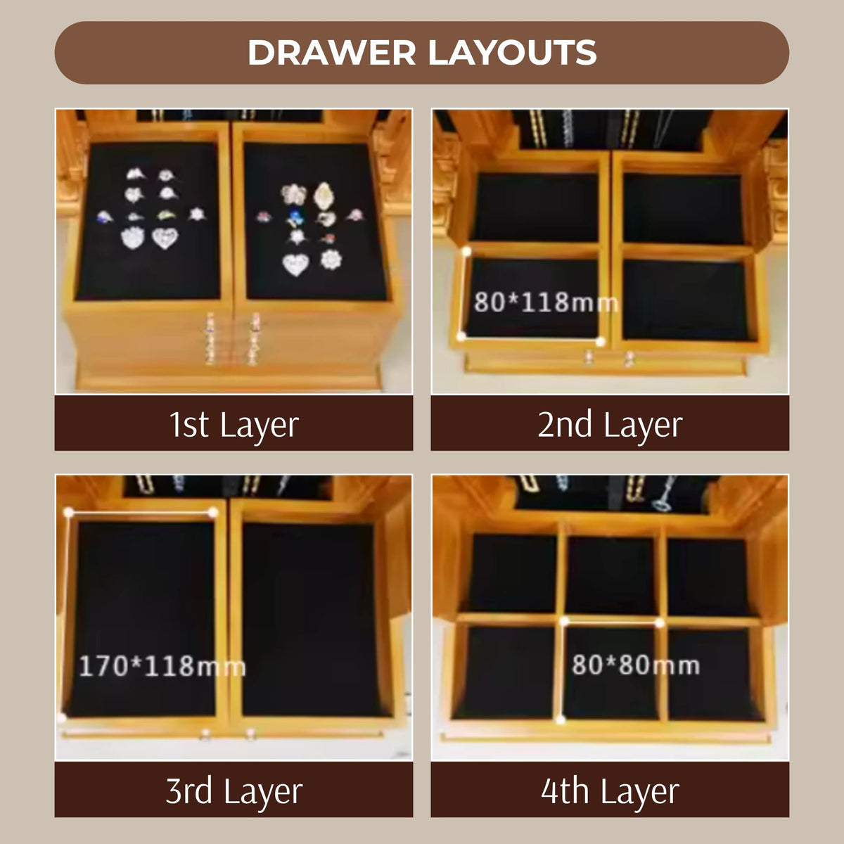 GZJSLOVE Large Four-Drawer Jewelry Cabinet with Earring Racks - detail view 10
