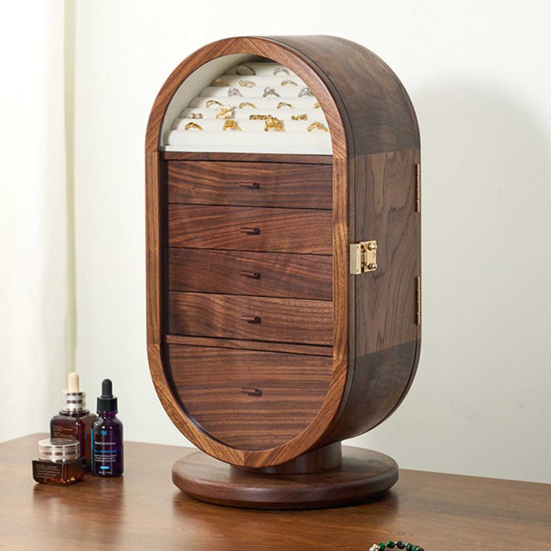GZJSLOVE Rotating Five-Drawer Walnut Jewelry Cabinet - detail view 12