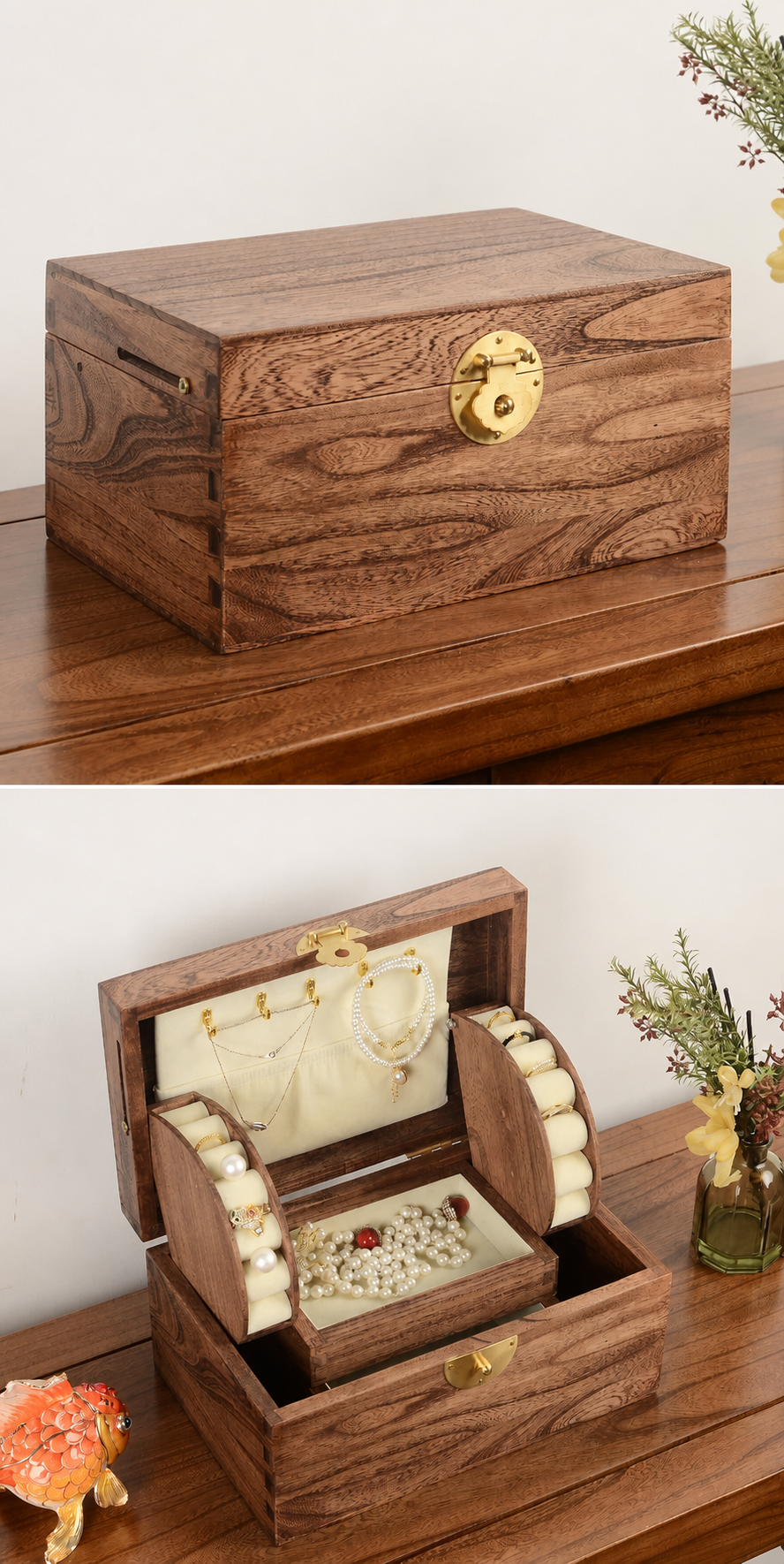 Closed and open jewelry box comparison views