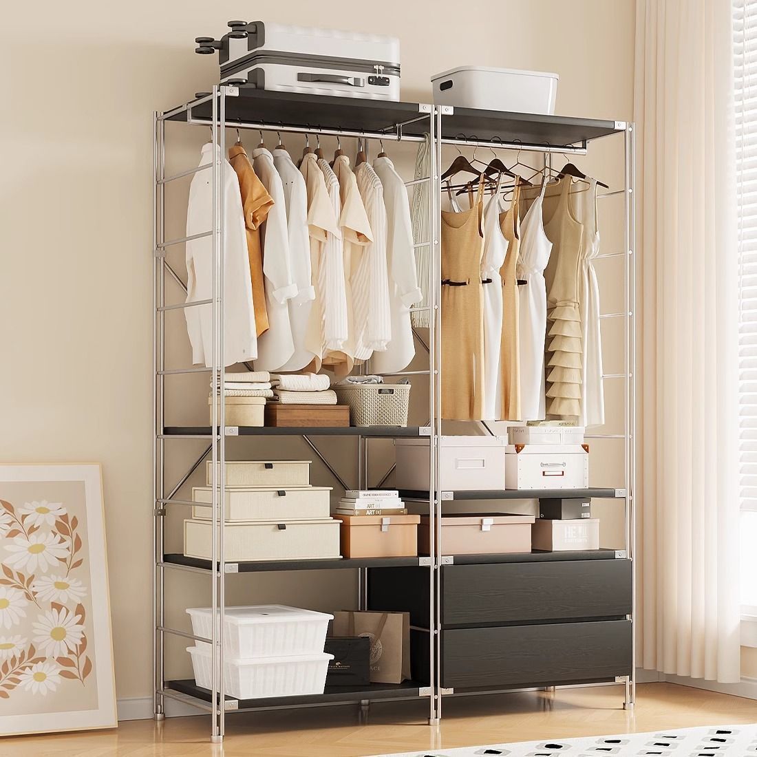 Charcoal Contemporary Coat Rack with Receptacle, 3 Shelves, Alloy Frame, and Alloy Bench