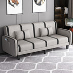 Striped Convertible Sofa in Pu Leather/Flannel with Cerulean/Light Brown/Off-White Upholstery and Armrest