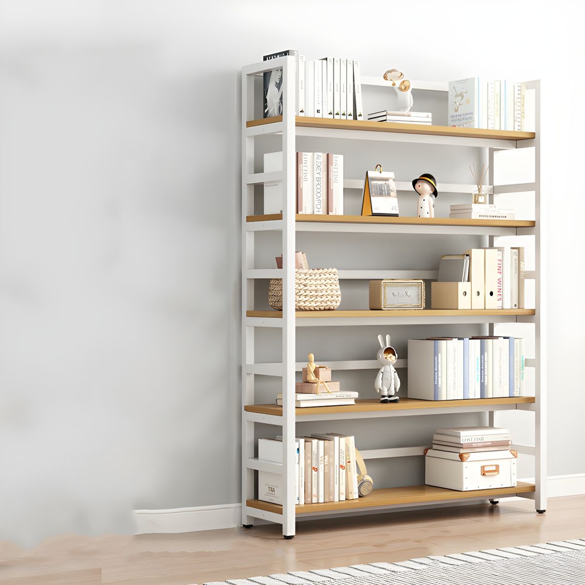 Modern Metal Display Stand with Wooden Shelves and Open Storage
