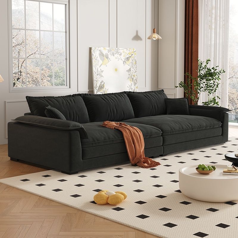 Contemporary Modern Solid Color Scratch-durable Sofa in Midnight Black/Gray/Mocha Flannel, Seats 4/5 with 2 Pillows