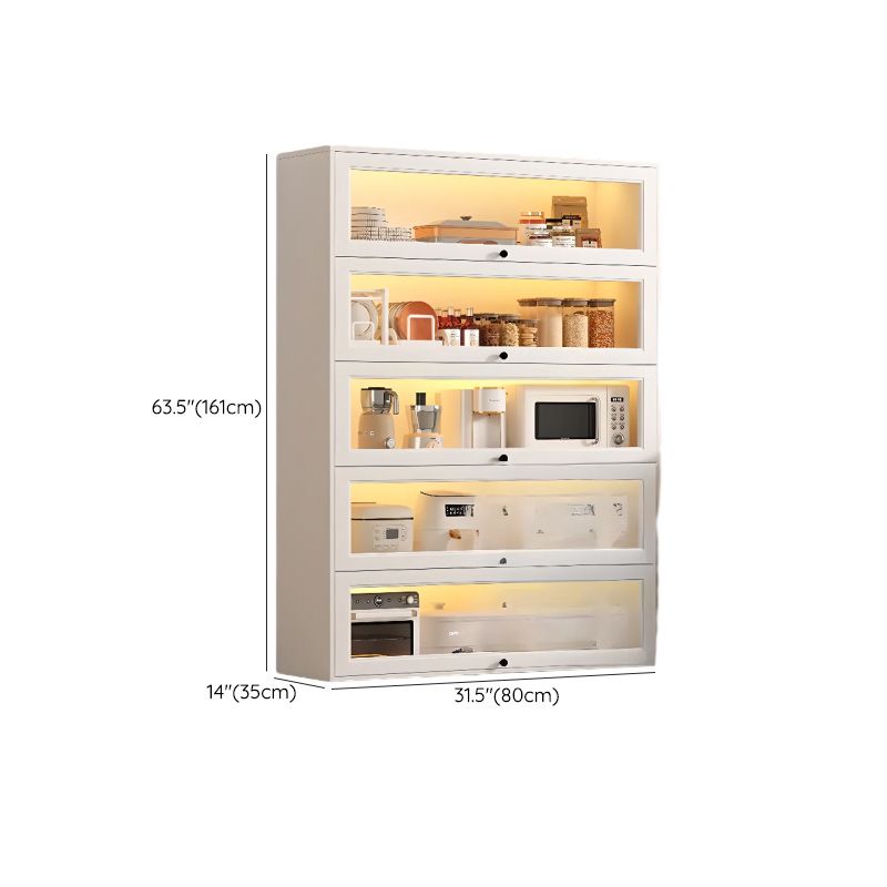 White Contemporary Baker's Rack with Cabinets Featuring Butcher Rack, Cabinet, Steel Frame, Metal Shelves, and Door