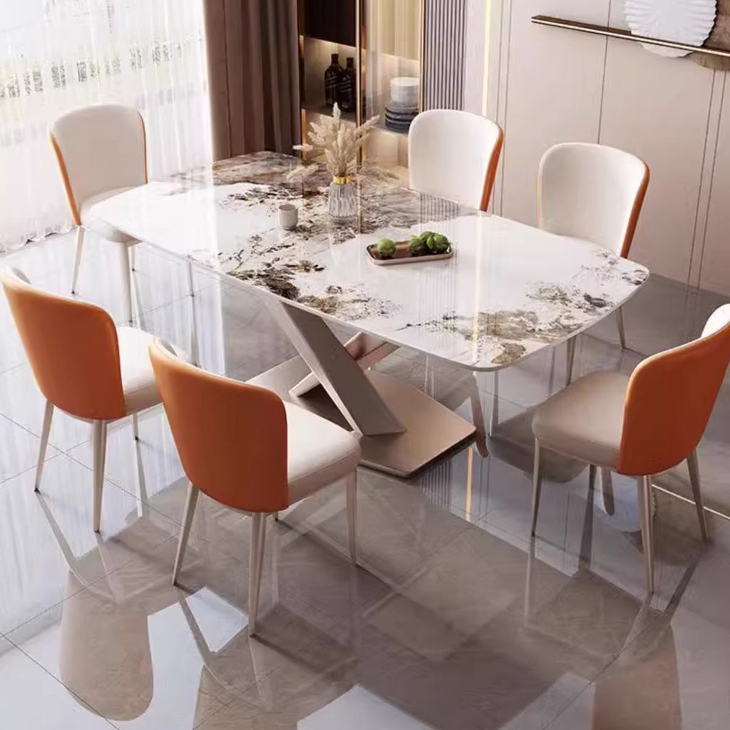 Tan Simplistic Rectangular Dining Table with Scratch-proof Slate Top and Fixed Table