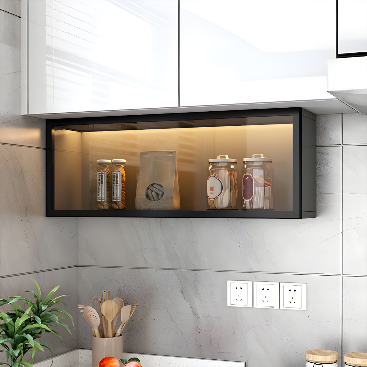 Modern Faux Wood Wall Mounted Display Cabinet with Glass Door