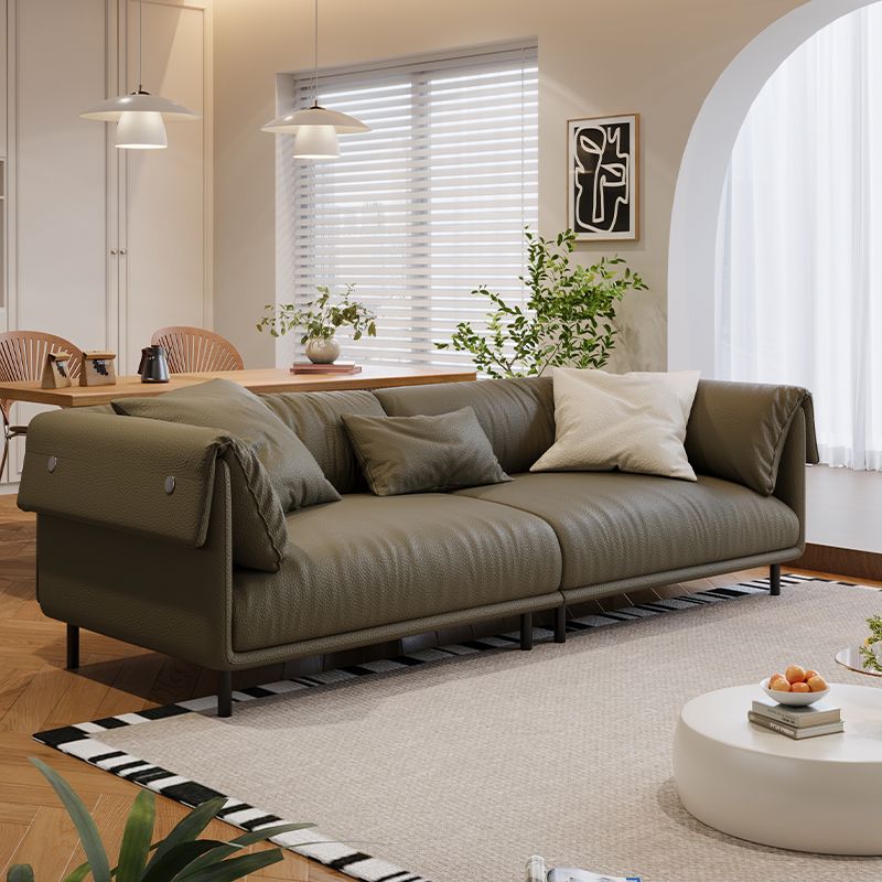 Drawing Room Standard Sofa in Genuine Leather/Flannel with White/Cerulean/Tan Upholstery, Armrest, and 3 Pillows