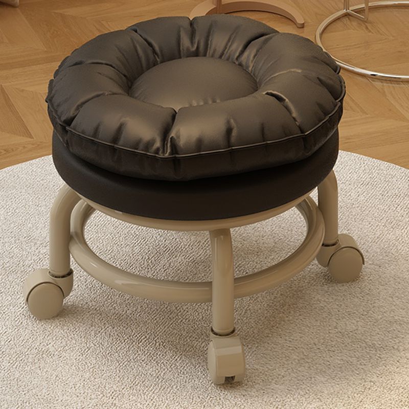 Trendy Circular Solid Color Standard Ottoman in Leatherette with Black/Dove Grey/Tan Upholstery and Rollers
