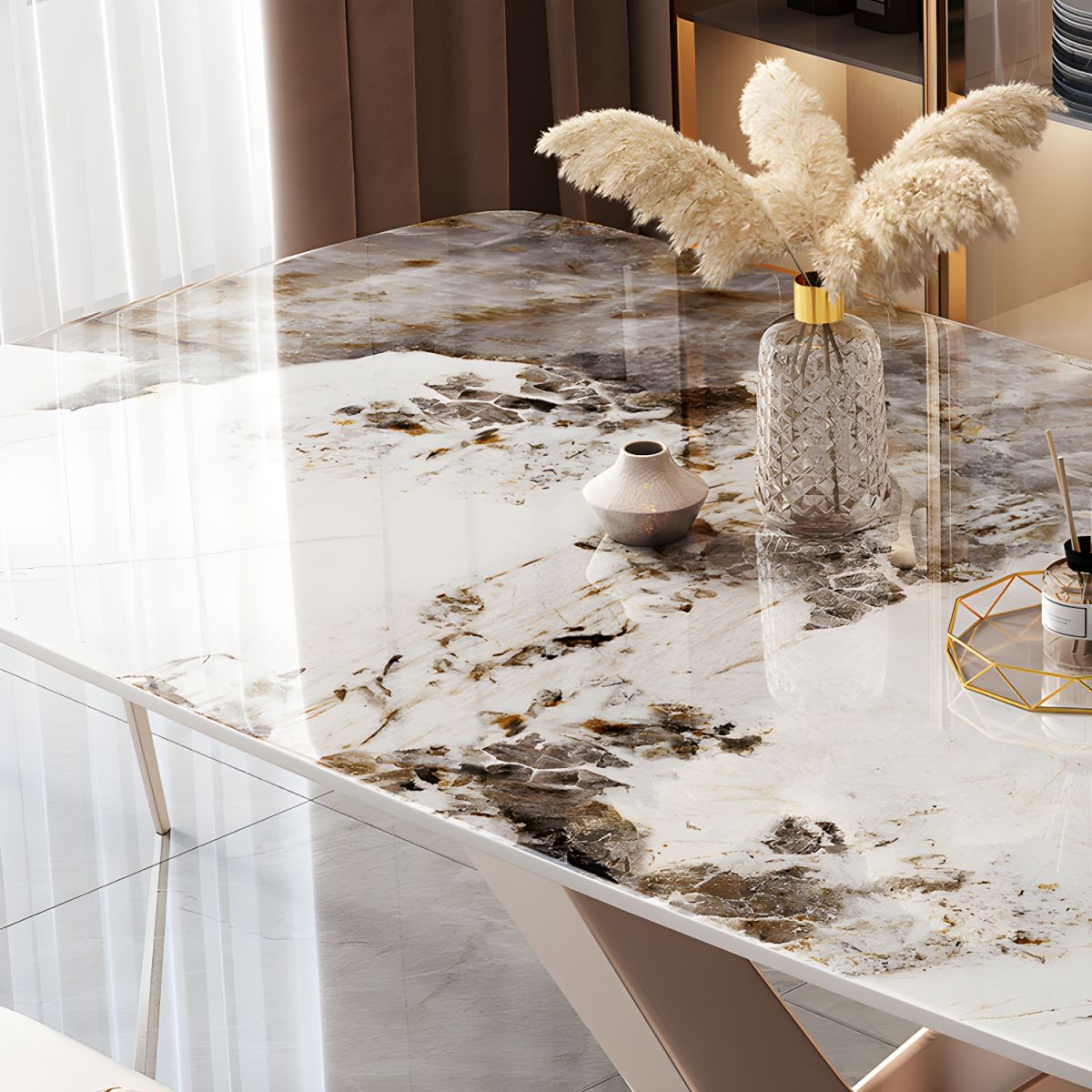 Modern Sintered Stone Top Dining Set Rectangle 1/2/5/7 Pieces Dinette Table Set in Gold