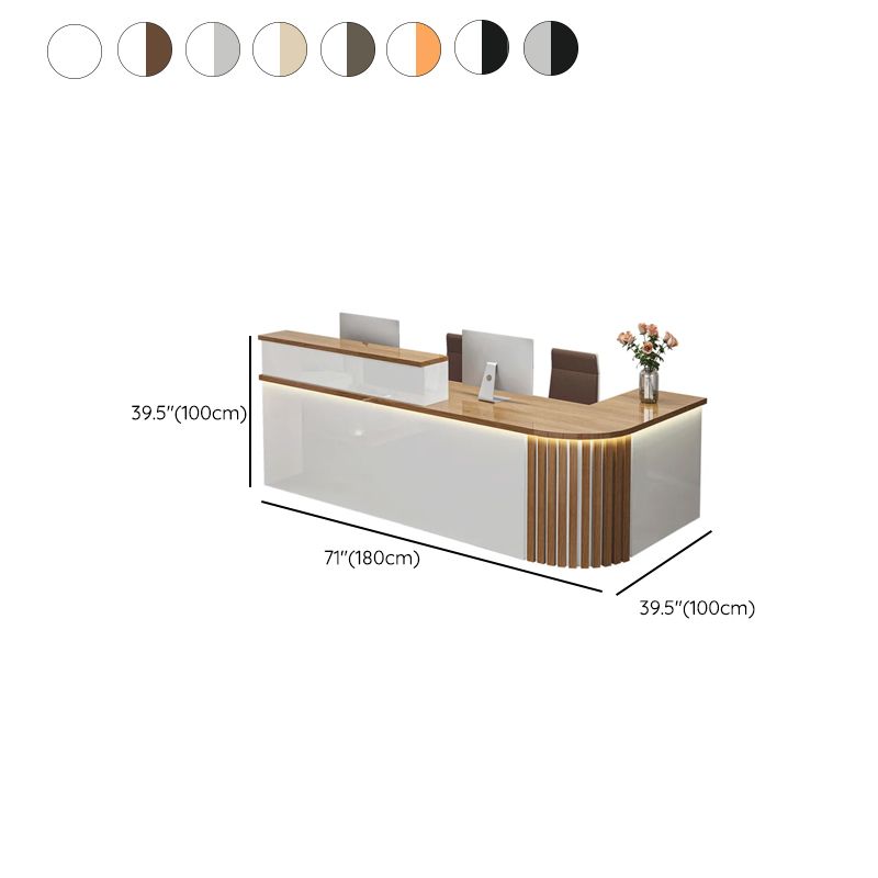 L-Shape Manufactured Wood Top Reception Desk with Hutch, Keyboard Tray, Cabinet, Desk Return & Cable Management