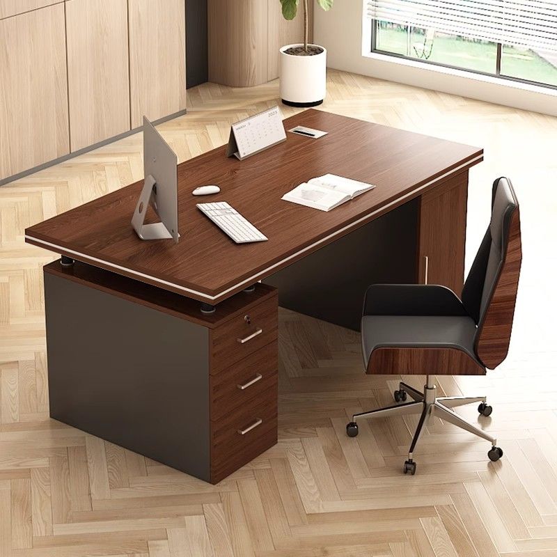 Dust Resistant Sepia Executive Desk with 3 Drawers, Shelves, Front Splash, Cabinet & Cable Management
