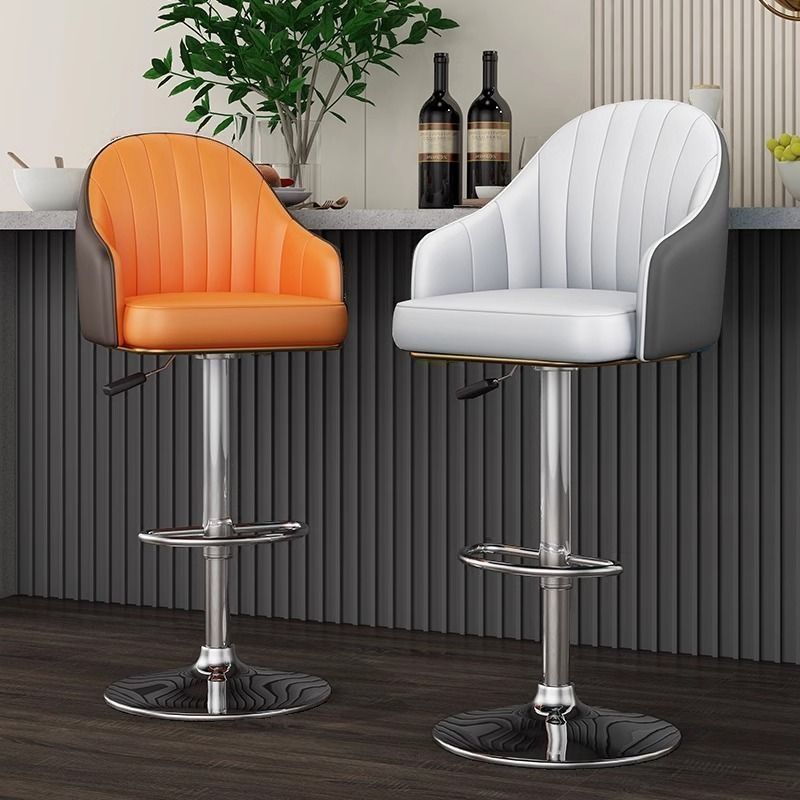 Contemporary Multi-levelled Tanned Hide Bar Stools with Arm Swivel Pail Seat
