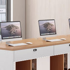 Natural Finish Timber Floor Mounted Cabinet with Drawers Included, 3/2/1 Drawer Stump Base, Cable Management, and Front Splash