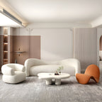 Modern Off-White Curved Sofa in Beige Sherpa Upholstery with Tuxedo Arm