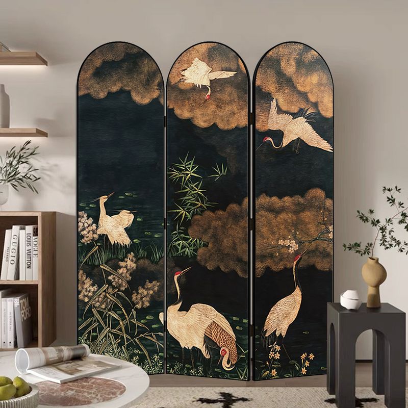 Minimalist Opaque Fold-up Screen Divider with Natural Wood Frame and 3 Panels, Double Sided Print, Independent
