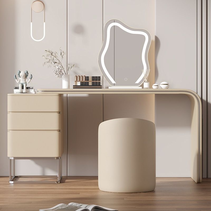 Casual Standard Vanity Set with Light Gray/Tangerine Color/Tan Chair, 3 Drawers, Pine Wood Frame, LED Mirror