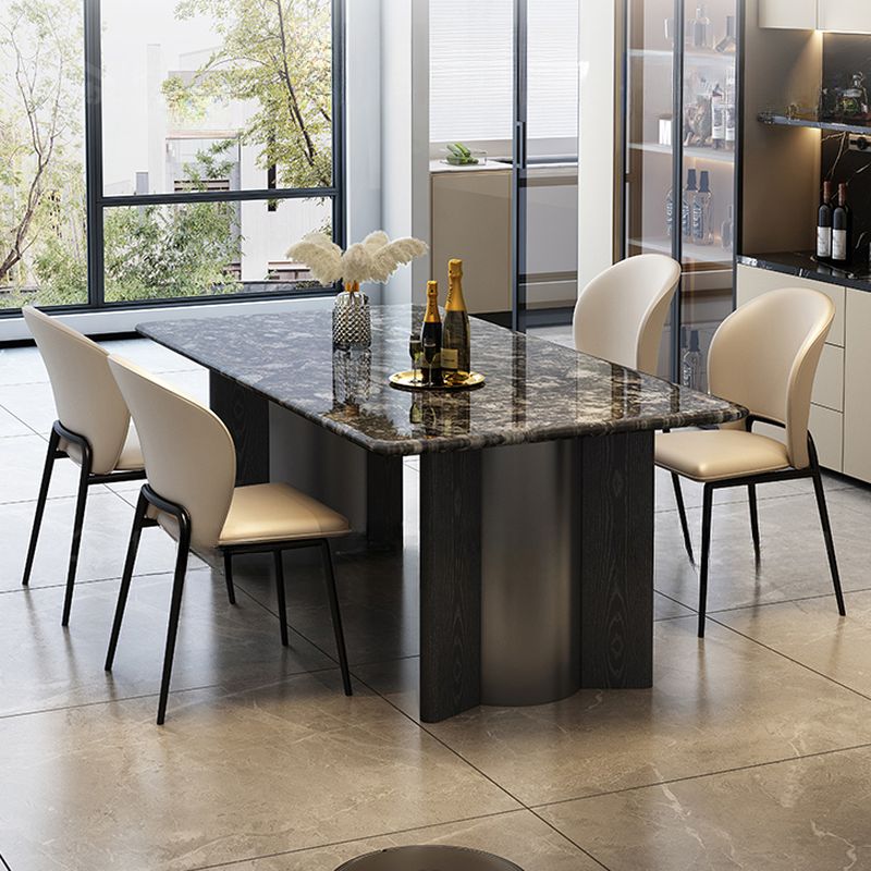Trendy Marble Top Dining Table with Steel Double Pedestal Base, Fixed Table in Glossy Black, Scratch-immune, Seating for 6/4-person