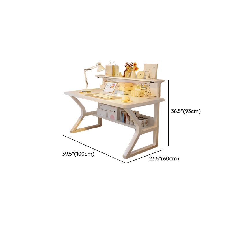 Modern Rectangular Chalk Laminate Writing Table with Exterior Shelf, Hutch, and Cable Management