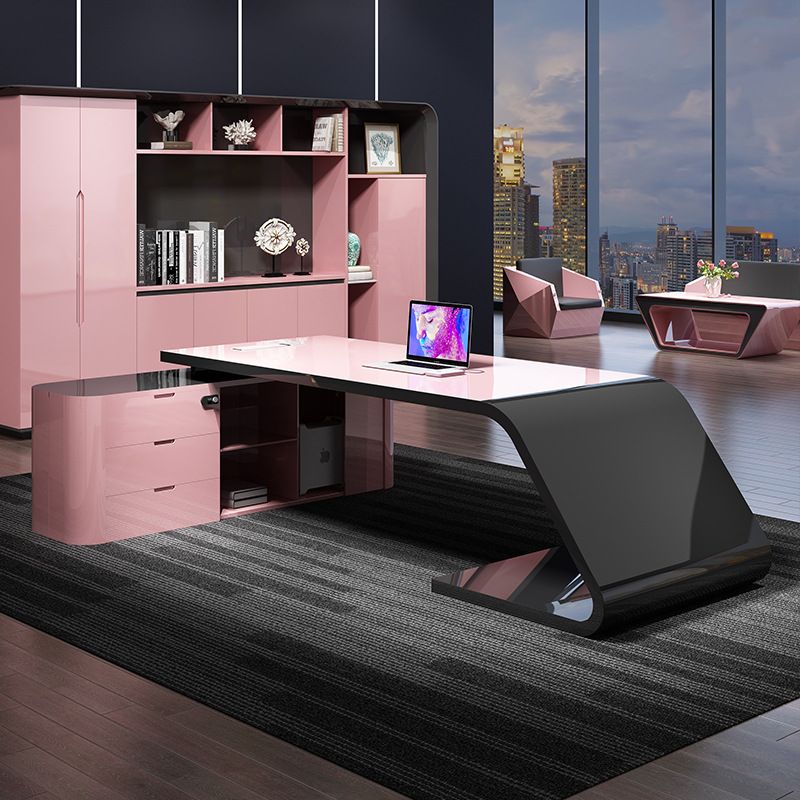 Rose Executive Desk with 3 Drawers, Cabinet, Exterior Shelf, Cable Management, Cooling Hole & Pedestal Base, Scratch Resistant