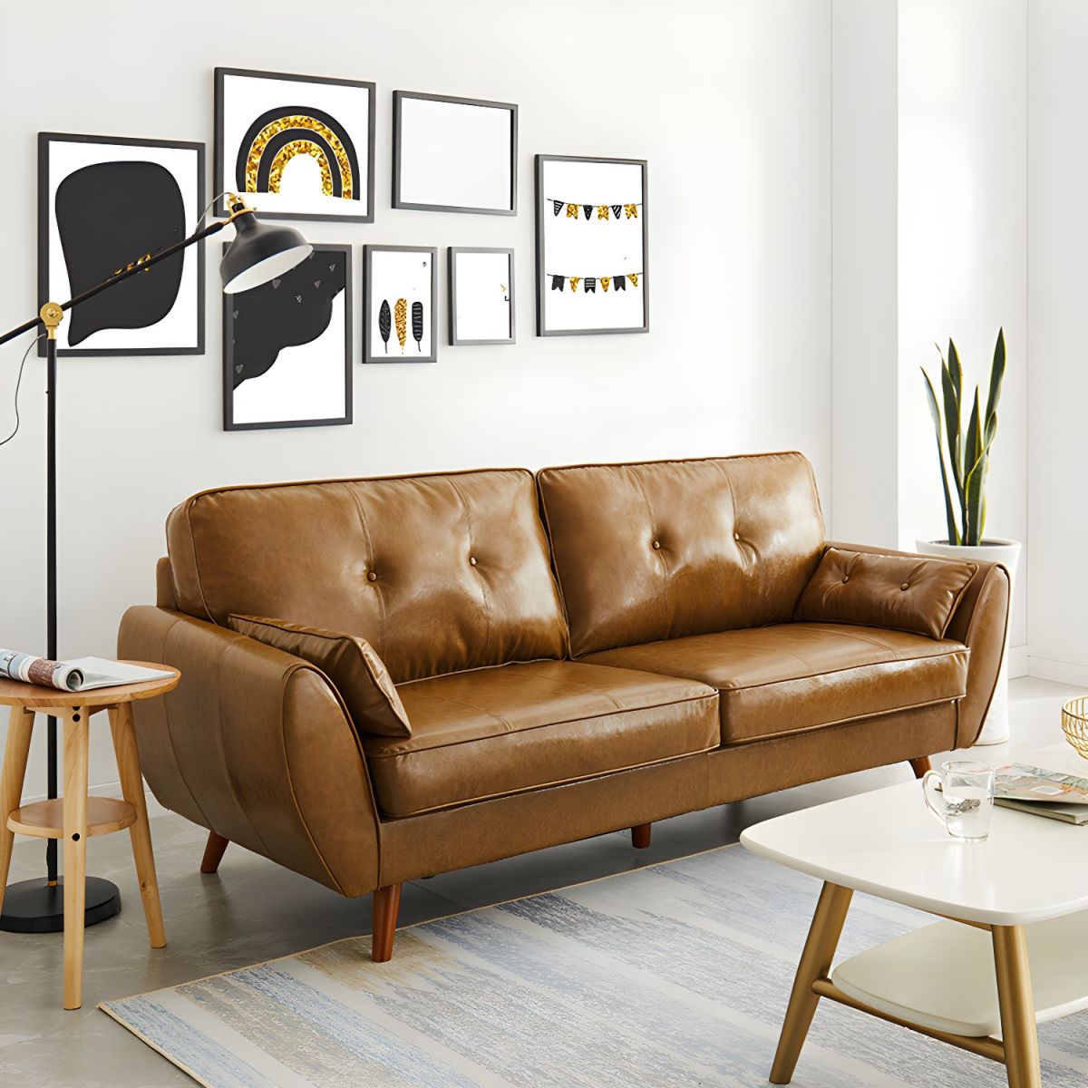 Modern Leather Sofa Flared Arm Button-tufted Loose Back Sofa for Living Room Bedroom