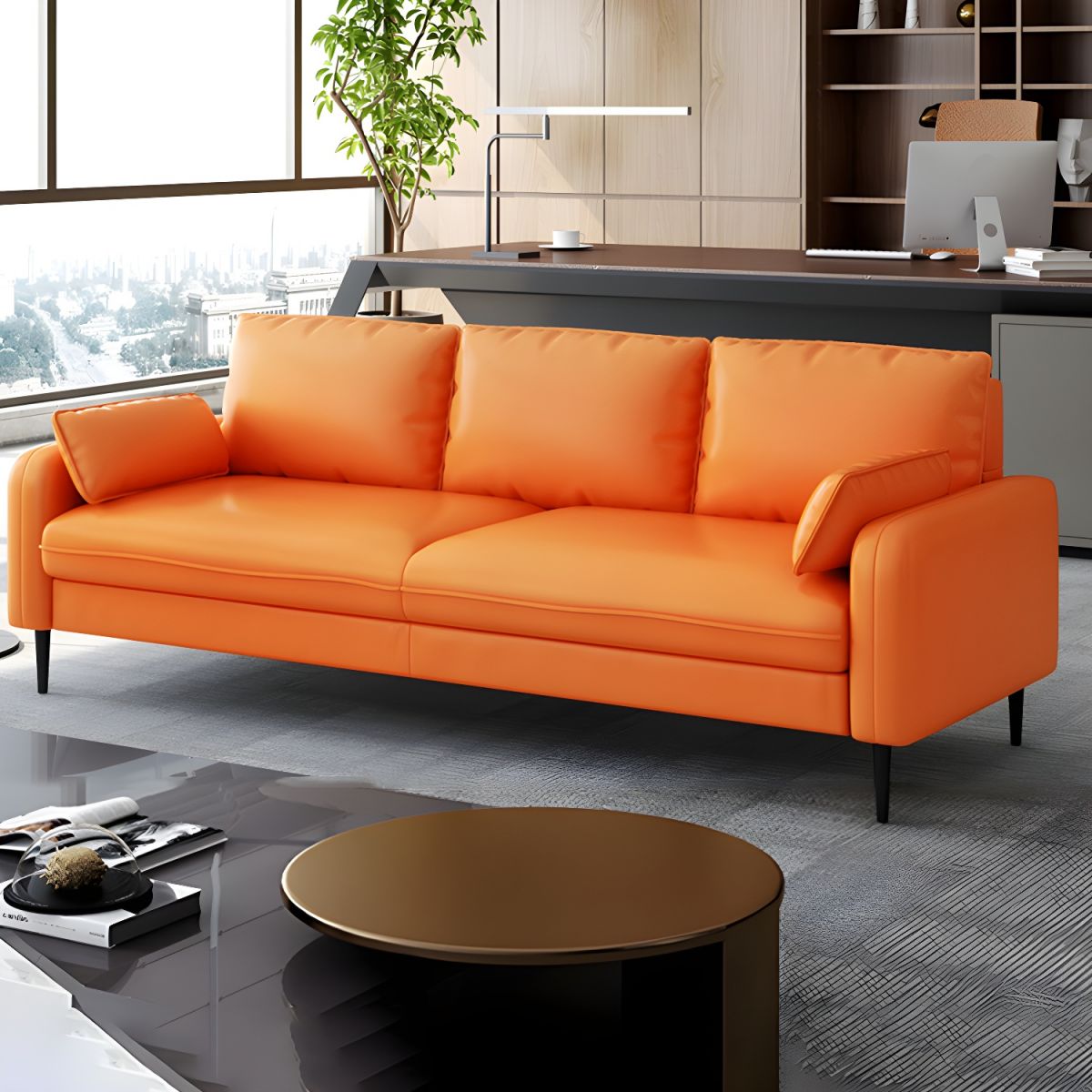 3-Seater Faux Leather Sofa Mid Century Loose Back Square Arm Settee