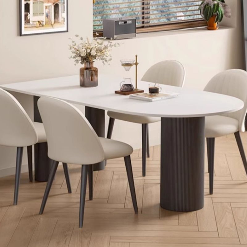 Modern Simple Style Peninsula Slate Dining Table Set with Three Legs Fixed Mechanism in Chalk Color