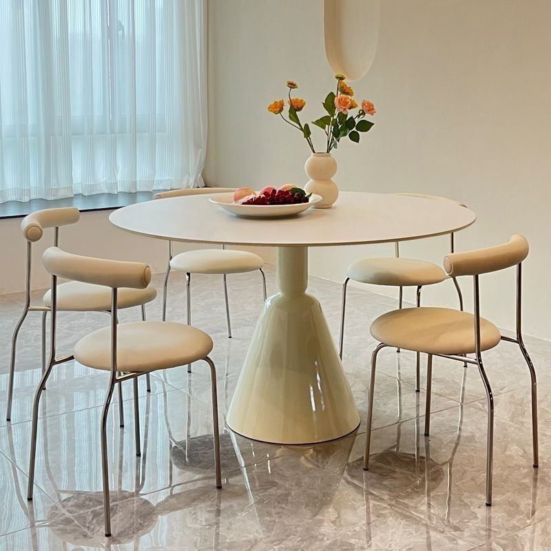 Minimalist Circular-shaped Dining Table with White Slate Top, Fixed Mechanism, and Scratch-proof