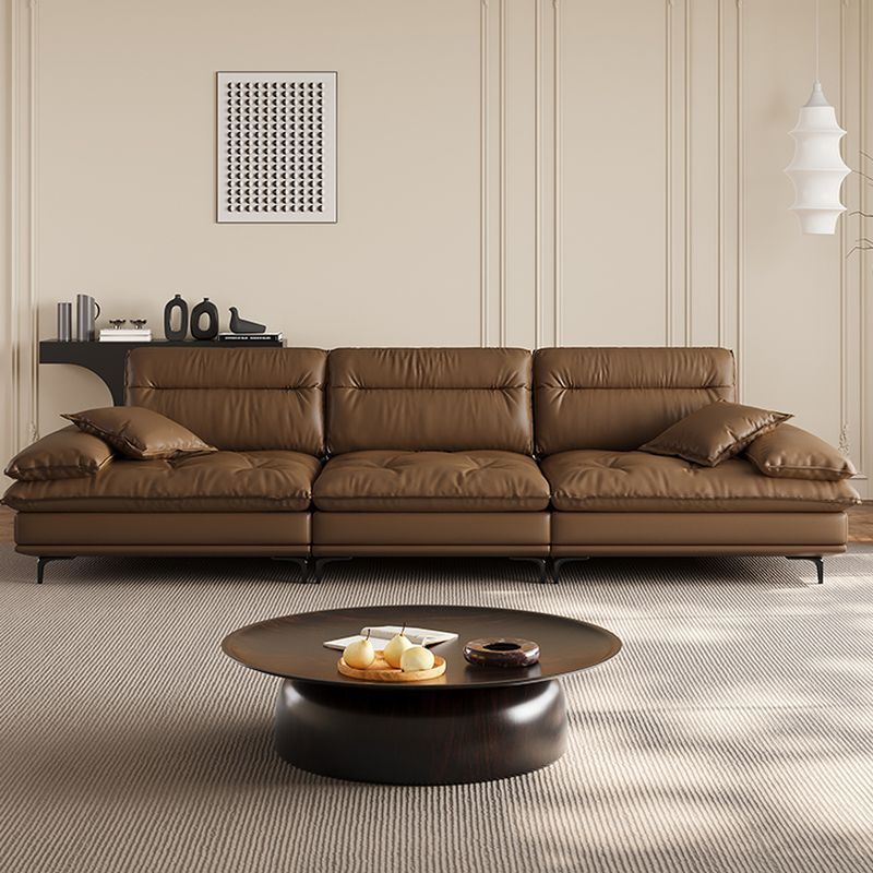 Modish Solid Color Stain Resistant Standard Sofa/Loveseat in Auburn with Pillow Top Arm and 2 Pillows for 5 Person/4-seater/3-seater