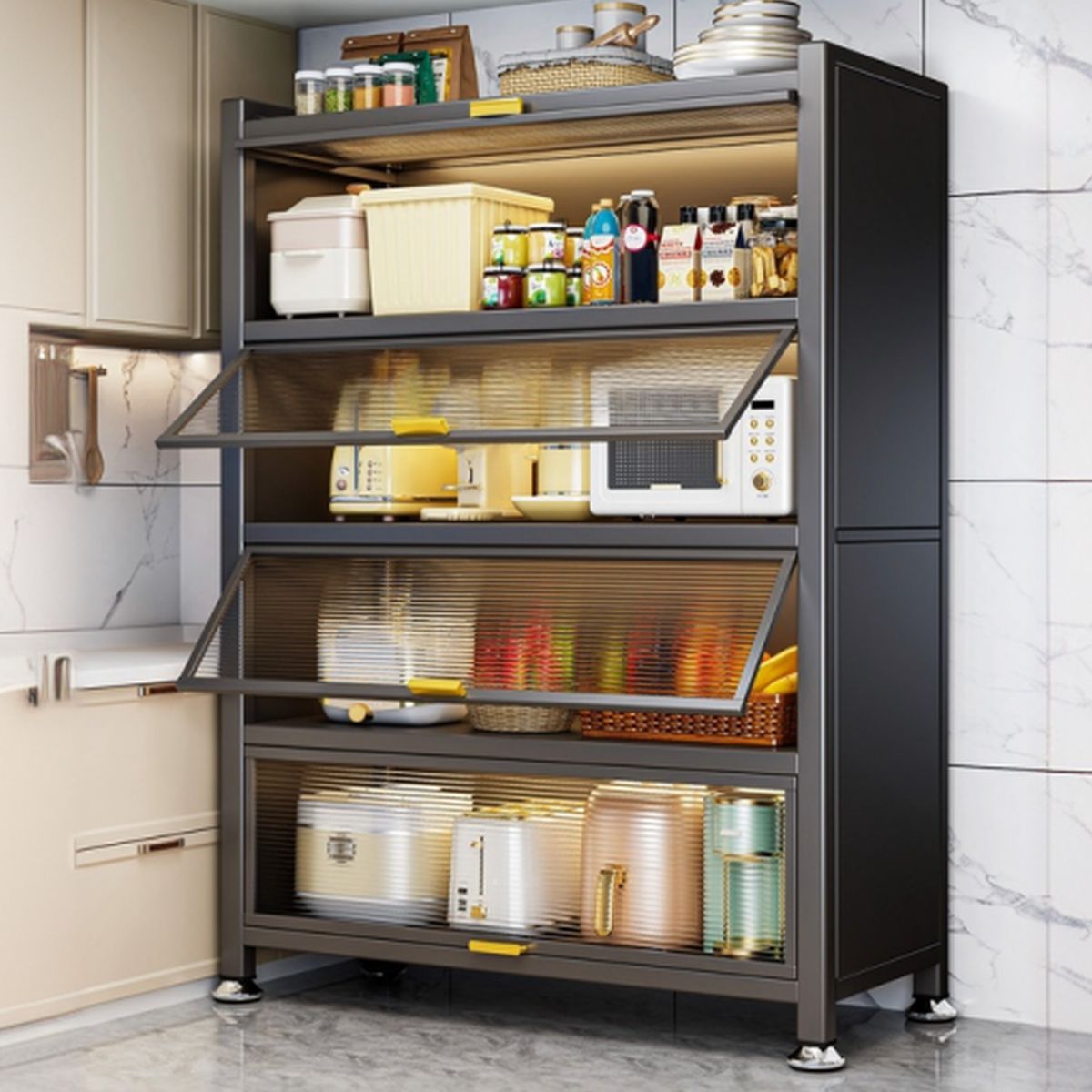 Self-supporting Microwave Shelf Cabinet with Hutch, 1 Shelf Larder, Steel Countertop, and 4 Doors/3 Doors/2 Doors