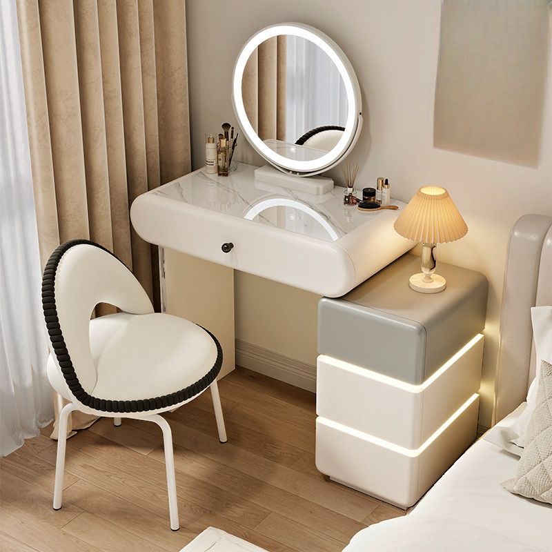 Modish Small Vanity Set with Stone Table Top, White Chair, 4 Drawers, and Light Up Mirror