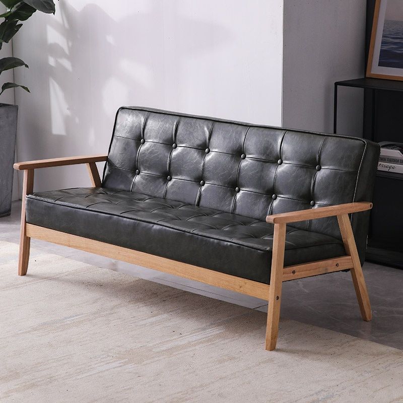 Contemporary Modern Solid Color Scratch-durable Standard Sofa in Midnight Black/Cerulean/Jade Green Pu Leather, Seats 3