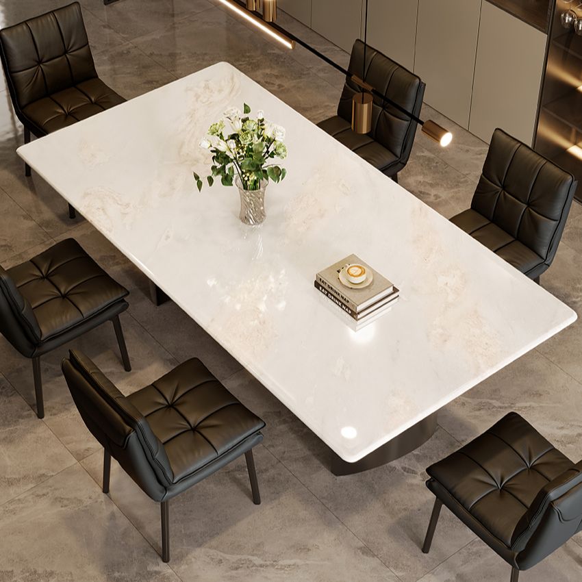 Modish Marble Effect Dining Table with Stainless Alloy Double Pedestal Base, Fixed Table, White Top, Thermal Resistant for 6-person Seat