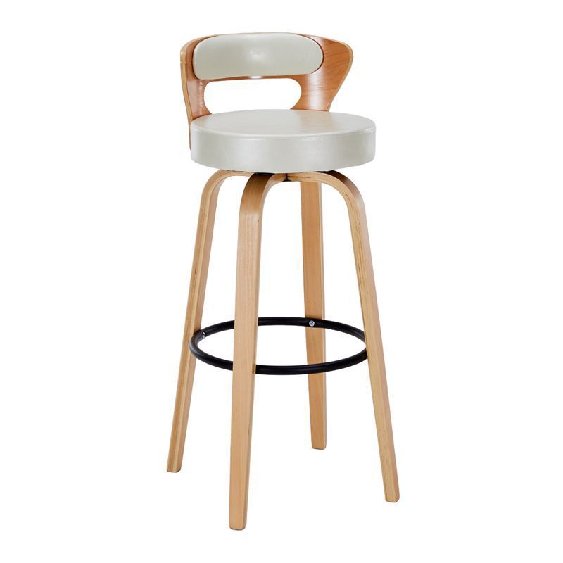 Casual Rawhide Bar Stools in Light Gray/Cream/Amber Color with Back, Turned Swivel, Round Top, and Leg Rest