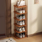 Art Deco Composite Wood Rectangle Shoe Rack in Light Brown with 9 Shelves for 1-10 Pairs in Drawing Room with Individual Shoe Cubby Holes