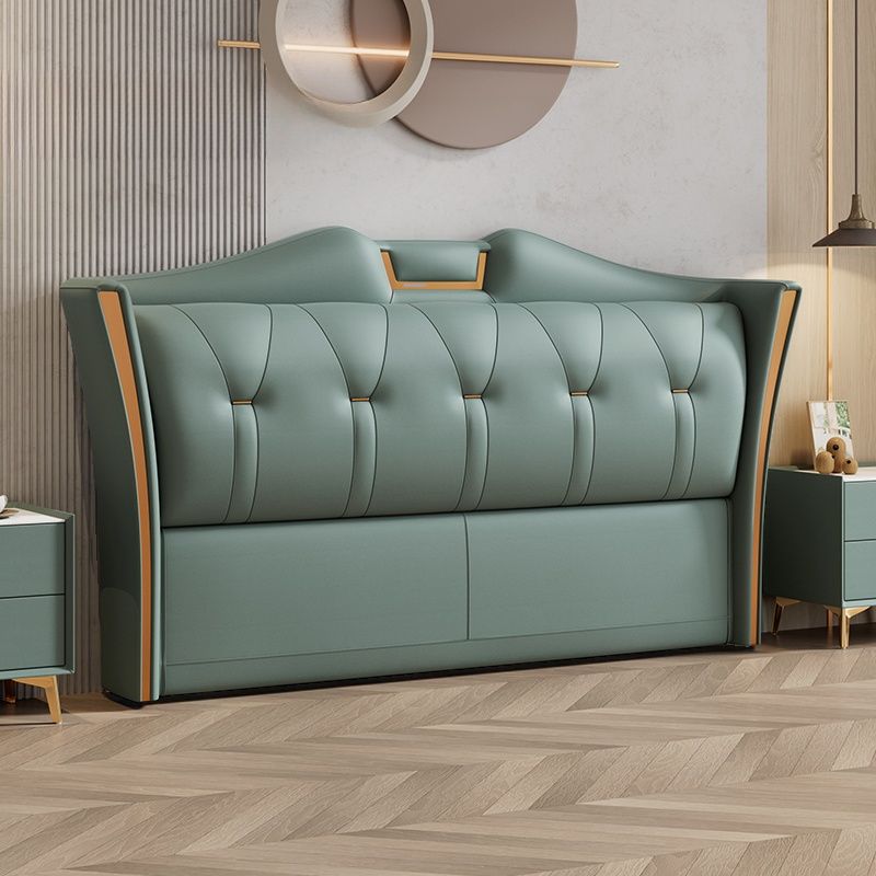 Trendy Wingback Headboard in Natural Wood with No Distressing, Camelback Shape for Queen/Full Bed, Featuring Sponge Upholstery and Standard Height